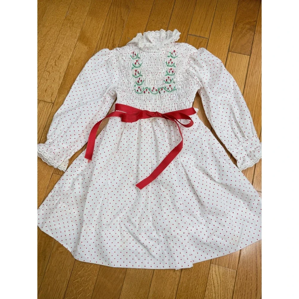 Polly Flinders‎ Vintage Girls Smocked Dress Red Polka Dot Floral Lace Size 4